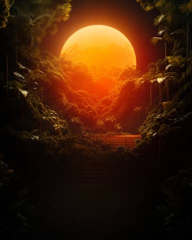 Tropical Jungle Sunset with Giant Glowing Sun Background