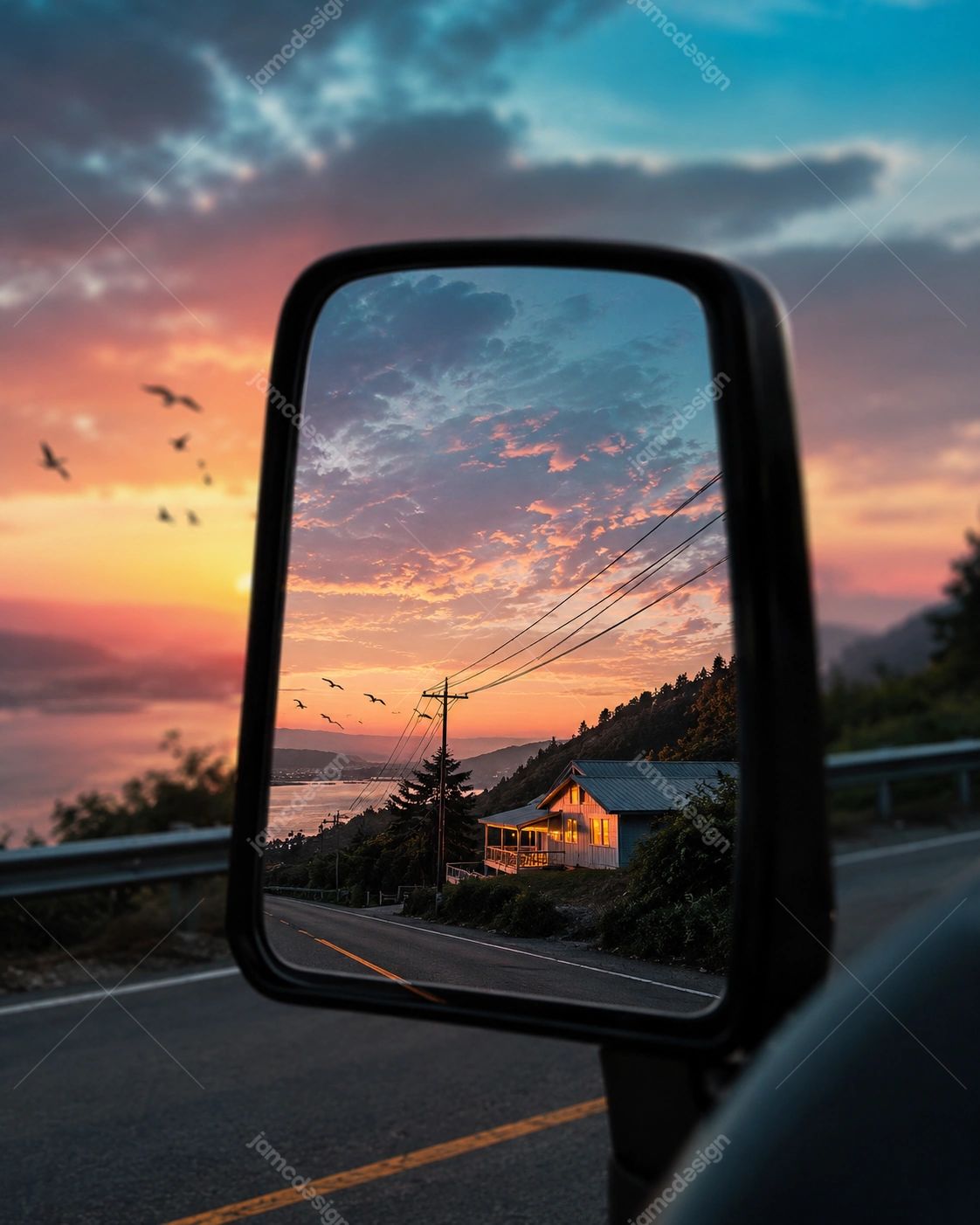 Sunset Road Trip Mirror View Background. PNG background showing a car side mirror against a sunset sky, with the reflection capturing a warmly lit house
