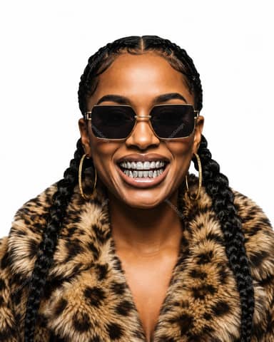 Stylish Woman With Braids And Leopard Coat Portrait