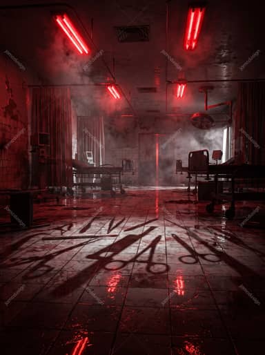 Abandoned Dark Horror Corridor Red Lit Treatment Room Background JPG