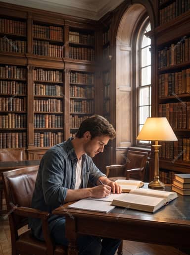 Student Studying With Books In Classic Library