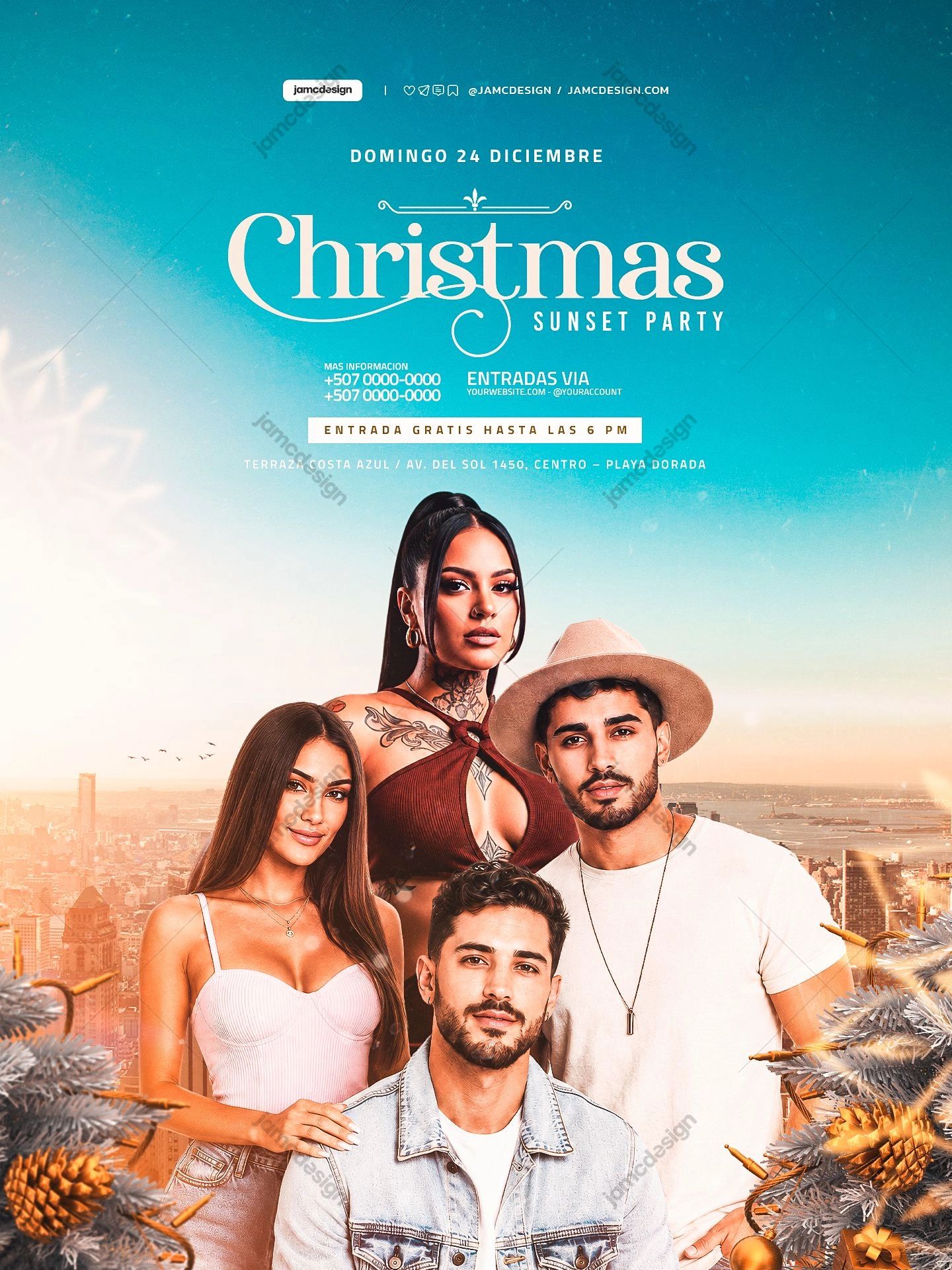 Christmas Sunset Party Turquoise People Flyer PSD. Editable PSD event flyer template for a Christmas sunset party