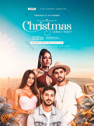 Christmas Sunset Party Turquoise People Flyer PSD