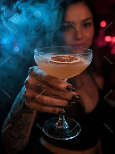 Tattooed Woman Holding Citrus Cocktail In Neon Club Blue Lit Model JPG