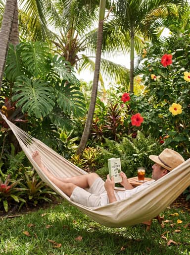 Man Reading Book In Tropical Garden Hammock
