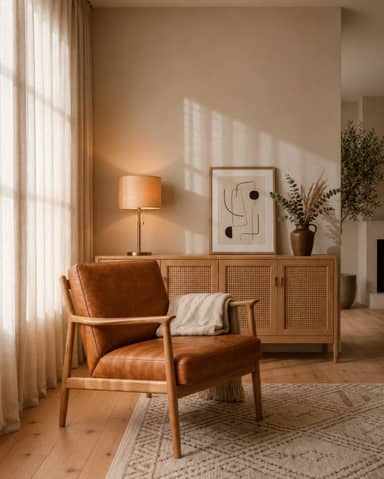 Cozy Warm Living Room Interior with Leather Armchair