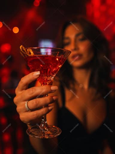 Woman Holding Red Martini In Dark Cocktail Bar Ruby Drink Portrait JPG
