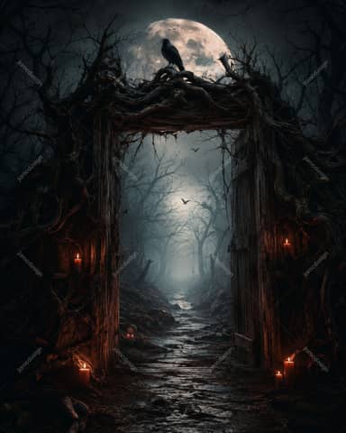 Wooden Forest Door Full Moon Halloween Background