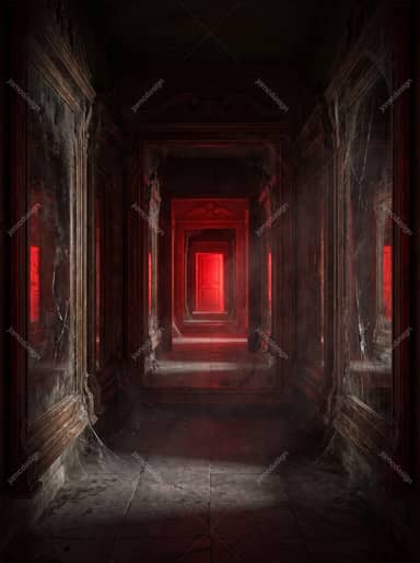 Haunted Mirror Corridor Red Door Dark Wall Panels Background JPG