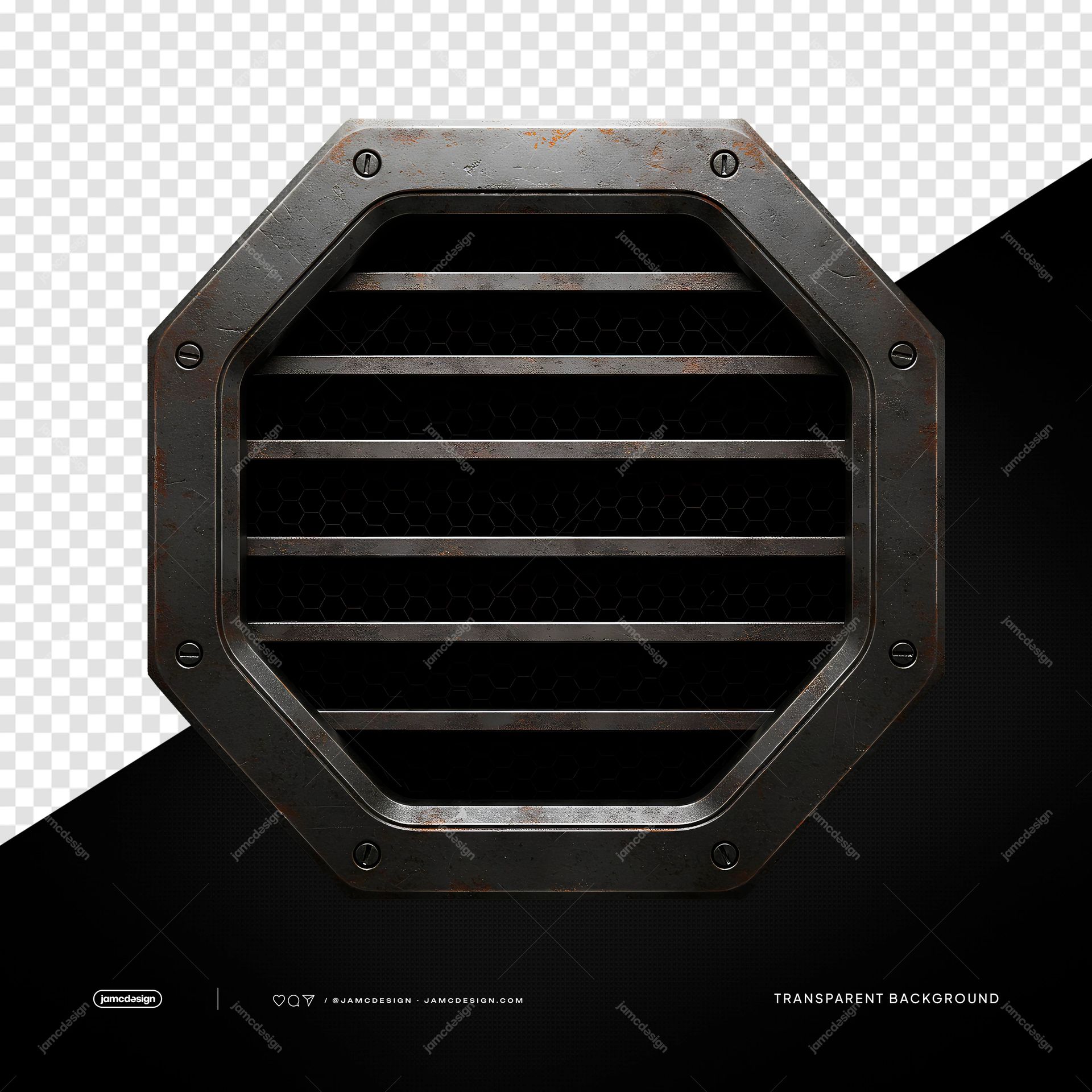 Dark Octagonal Metal Grille Slatted Industrial Frame PNG Transparent. PNG transparent object showing a dark octagonal metal frame with slats