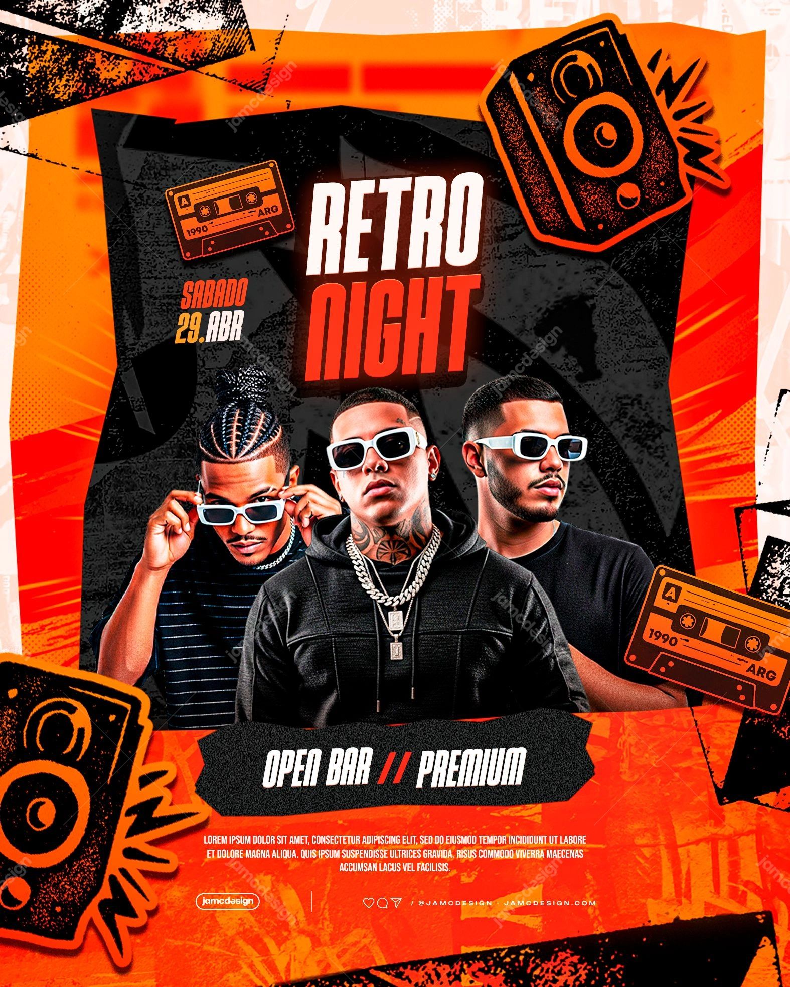 Retro Night Party Design Flyer Template PSD Editable