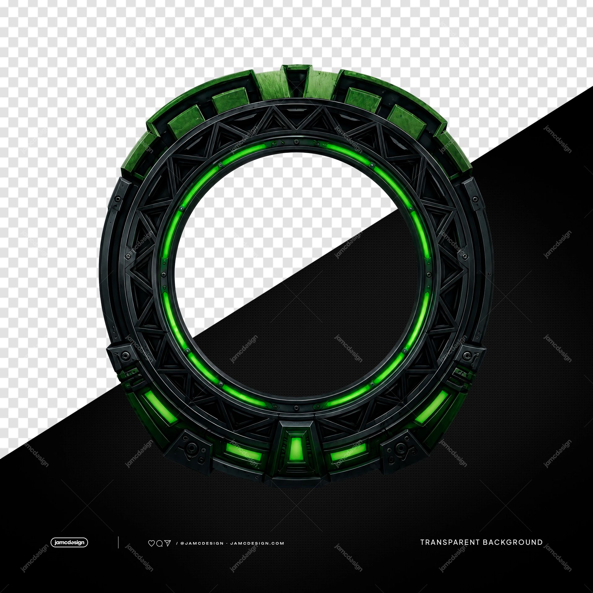 Circular Futuristic Green Neon Portal Frame PNG Transparent. PNG transparent object featuring a circular dark metal frame with segmented green LED illumination