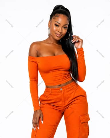 Woman In Orange Off Shoulder Top And Cargo Pants Photo