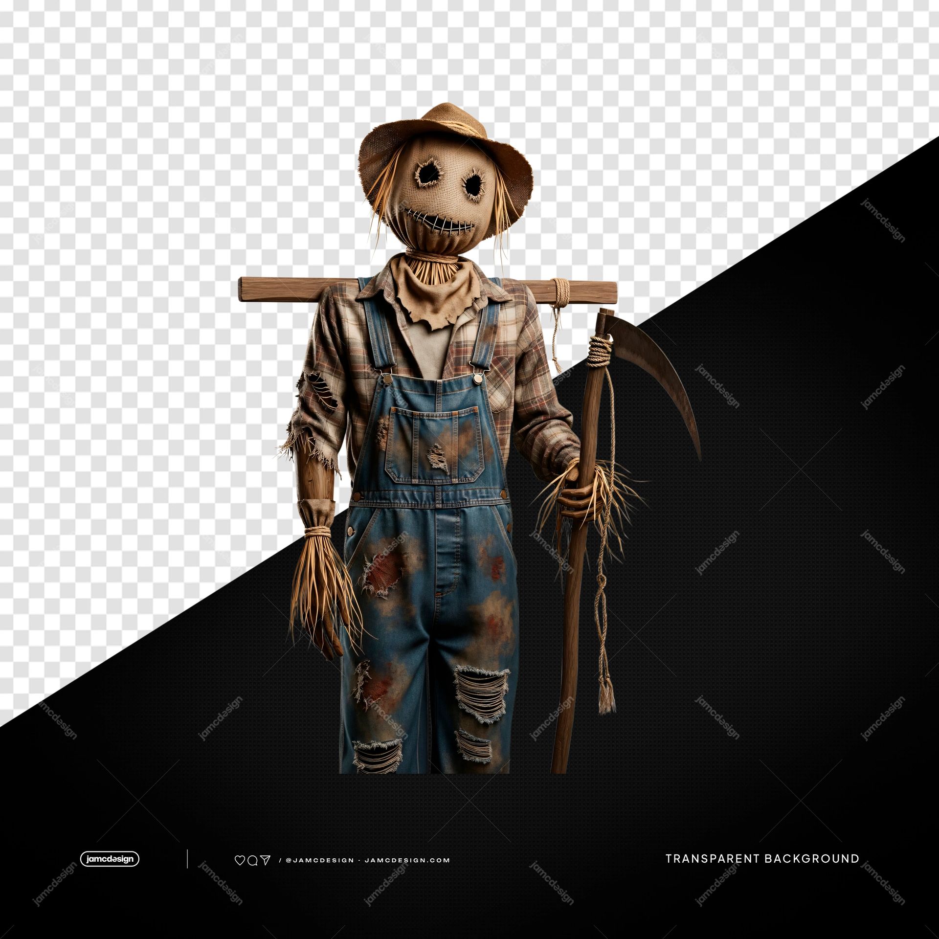 Farmer Scarecrow In Overalls Autumn Straw Figure PNG Transparent. Transparent object PNG featuring a full scarecrow in distressed denim overalls