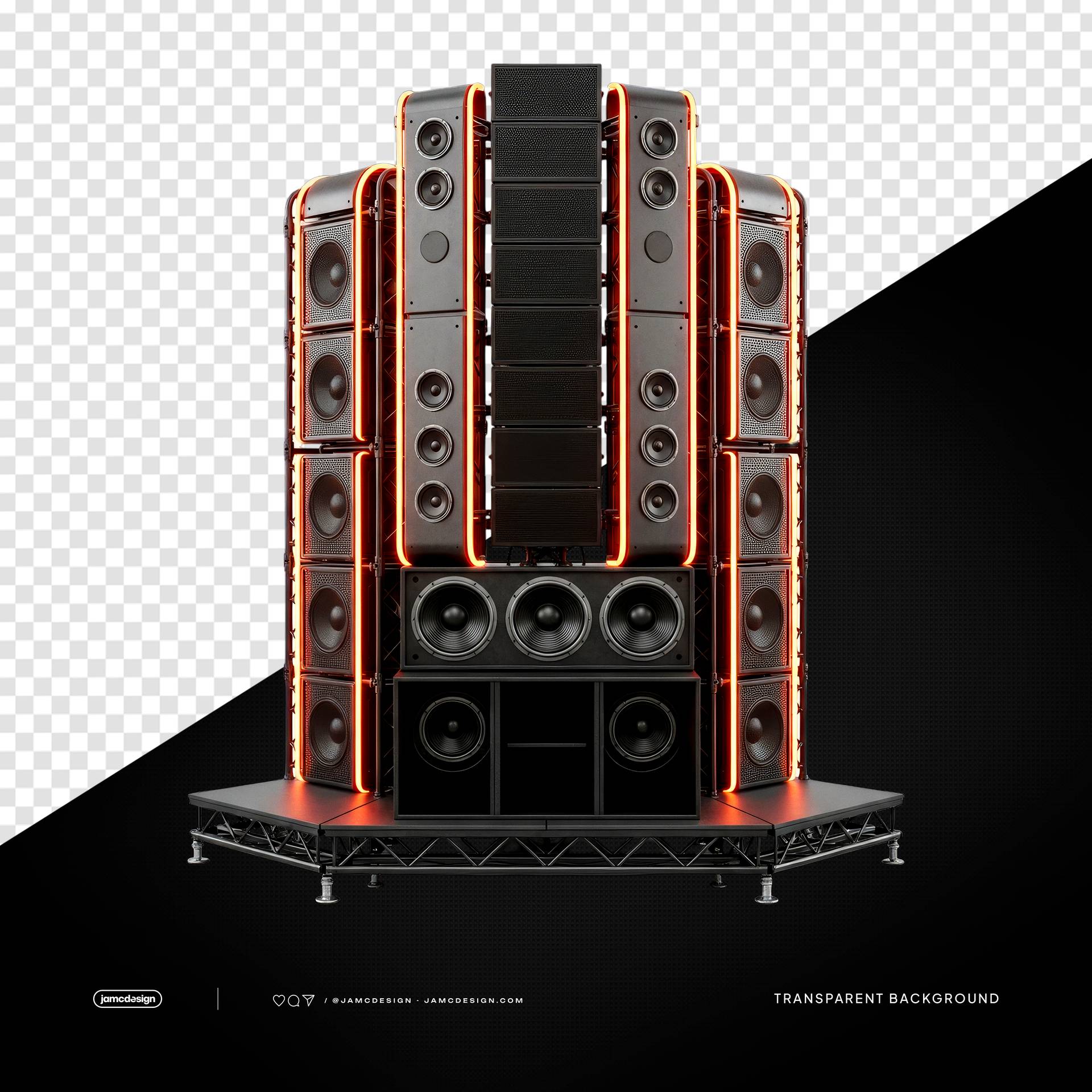 Professional Concert Sound System with Orange Neon Lights PNG Transparent Background