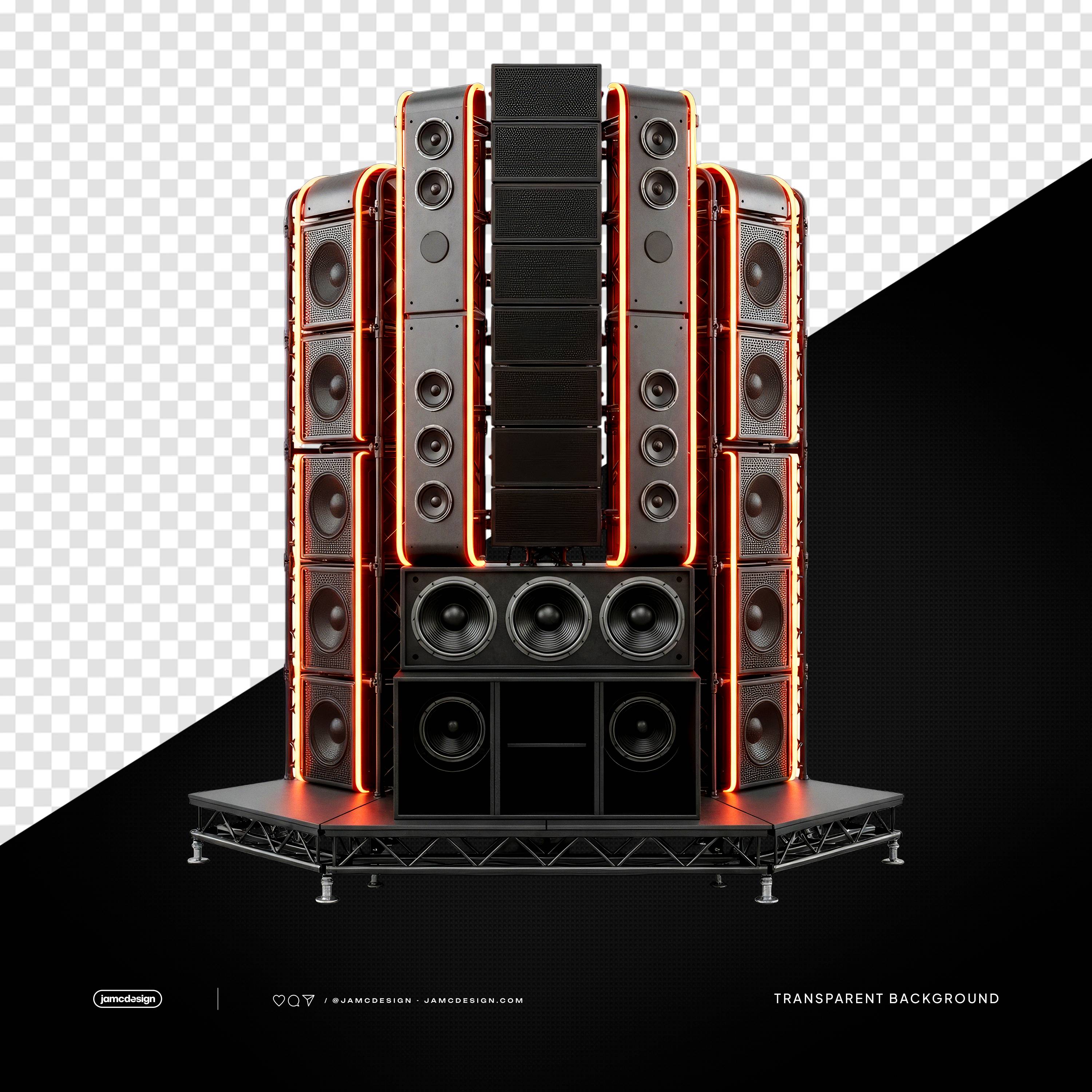 Professional Concert Sound System with Orange Neon Lights PNG Transparent Background