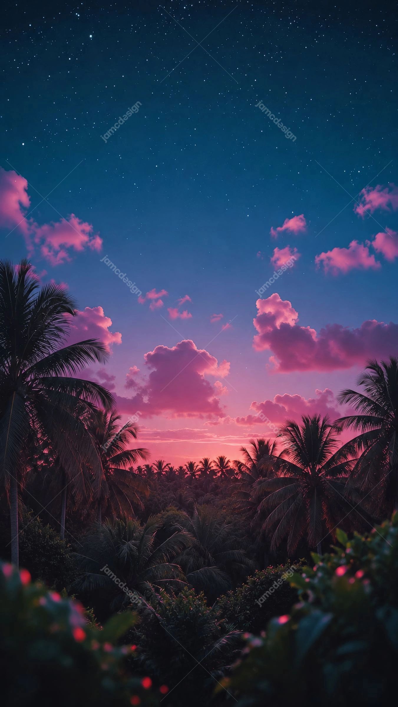 Tropical Sunset Palm Trees Starry Sky Background