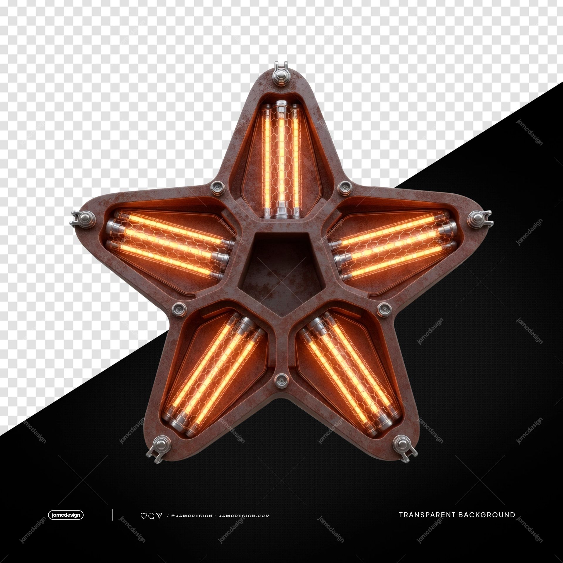 Lámpara de Estrella Naranja de Cinco Puntas con Brillo Metálico PNG Transparente. Objeto PNG transparente que muestra una lámpara con forma de estrella