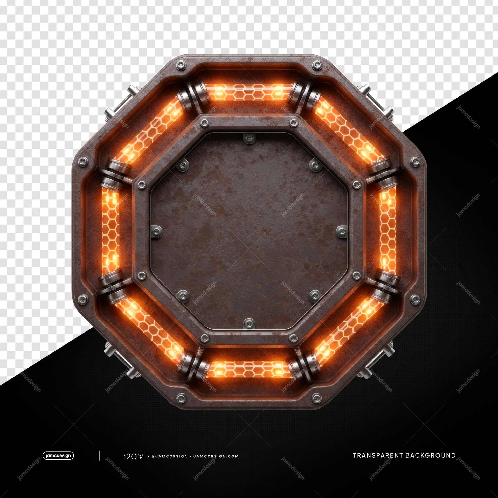 Cadre de Bordure Octogonale Orange à LED Luminescentes PNG Transparent. Cet objet PNG transparent présente un cadre métallique industriel octogonal