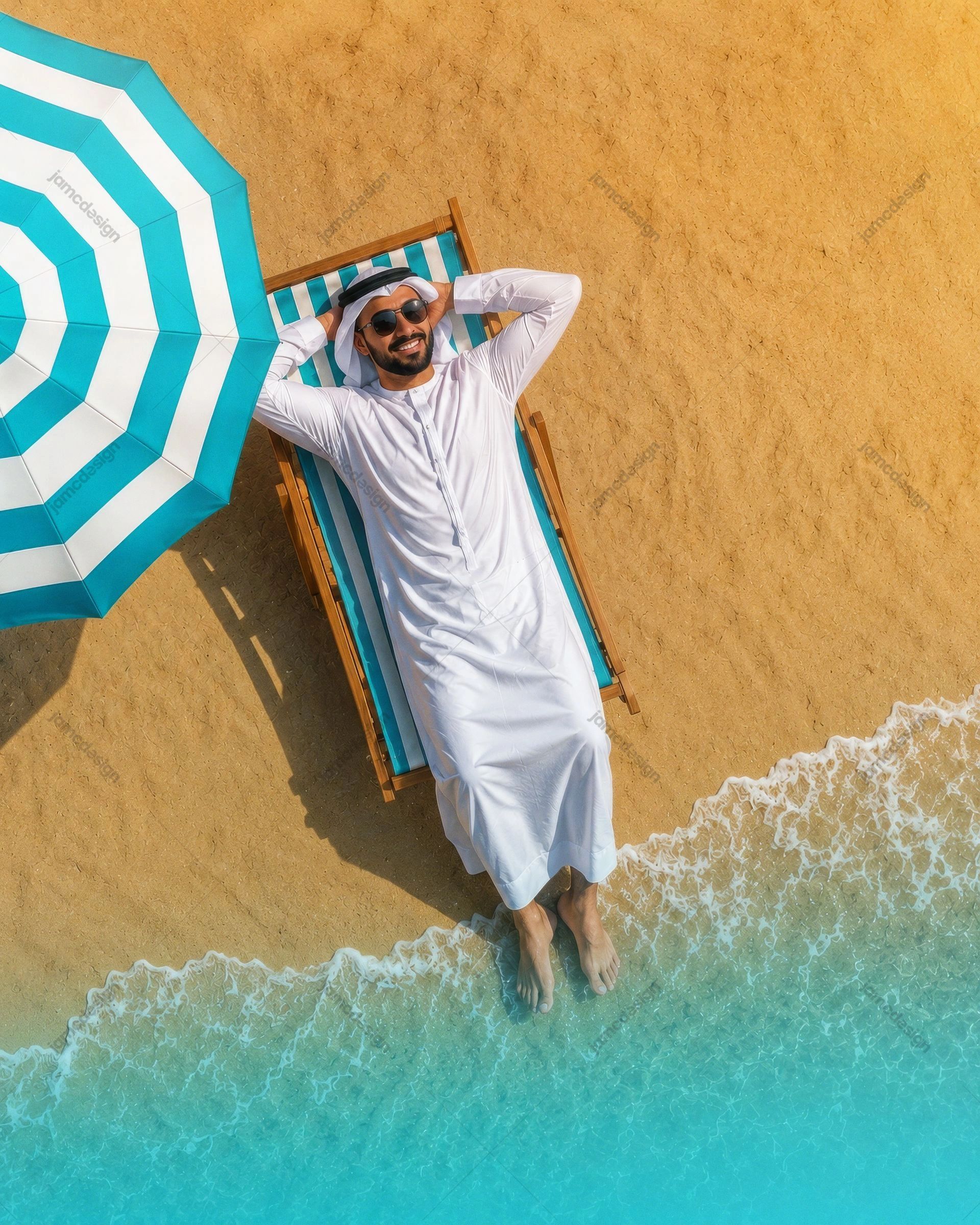 Luxury Tropical Beach Vacation Traveler Background. JPG background of an overhead shot of a bearded man in white traditional dress reclining on a striped