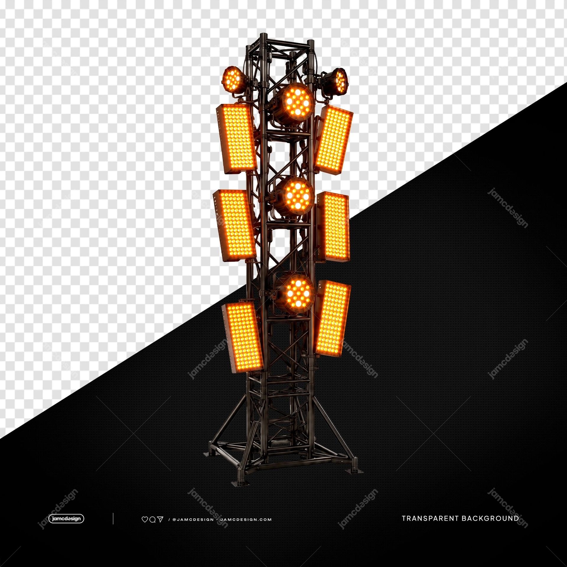 Stage Lighting Truss Tower Transparent Background. Editable PSD template featuring a tall metal stage lighting truss fitted with glowing amber LED panels