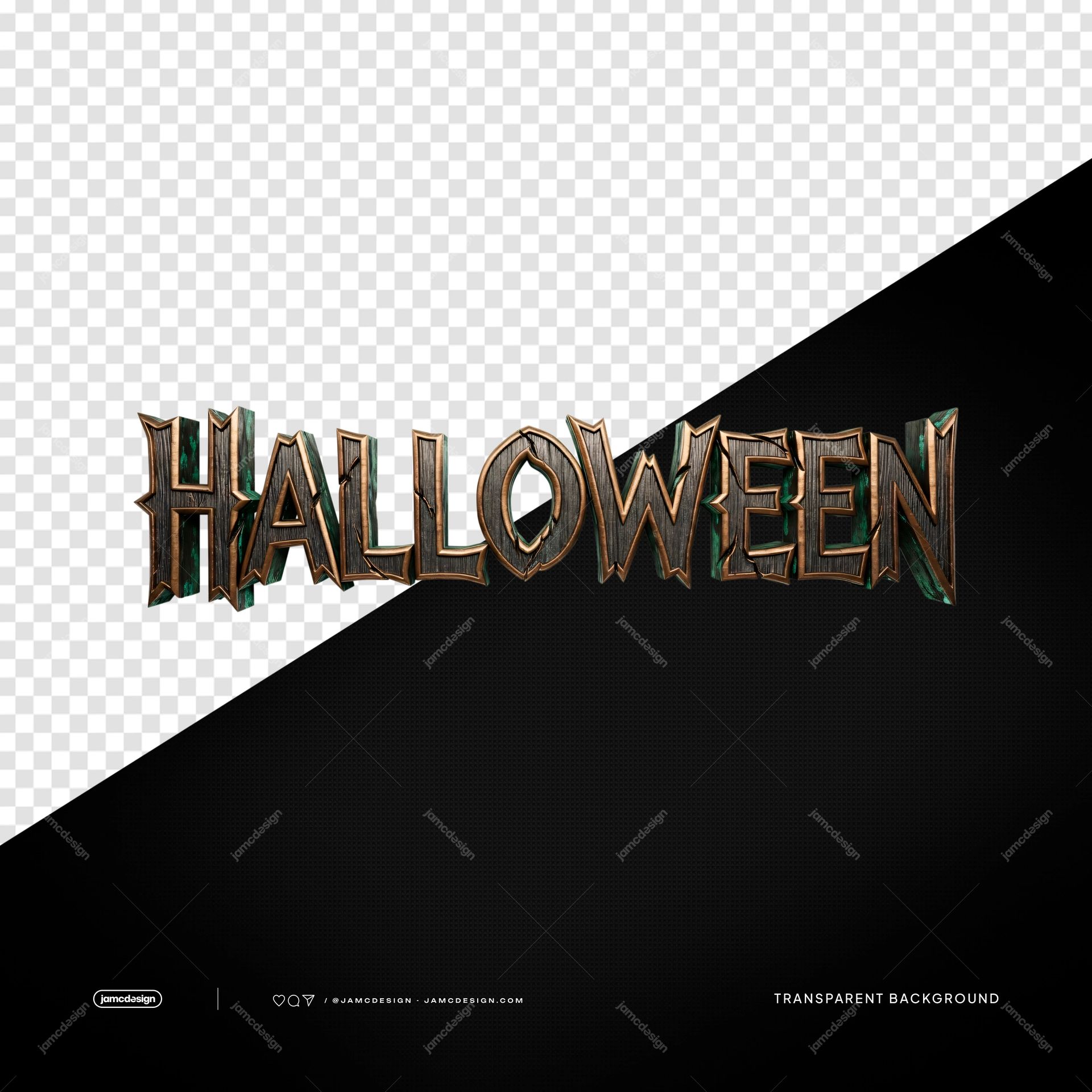 Halloween Spooky 3D Text Gothic Bronze Lettering PNG Transparent. Halloween themed dimensional lettering is supplied as a transparent object PNG