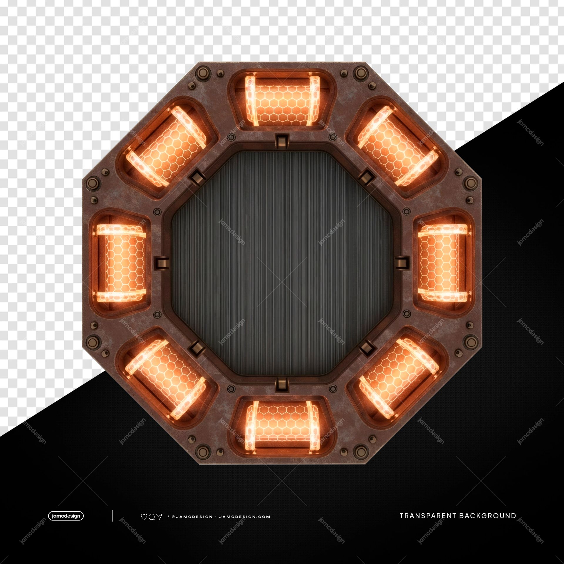 Rustic Octagonal Orange Neon Frame PNG Transparent. This PNG transparent object features a rustic octagonal metal frame with eight glowing orange honeycomb