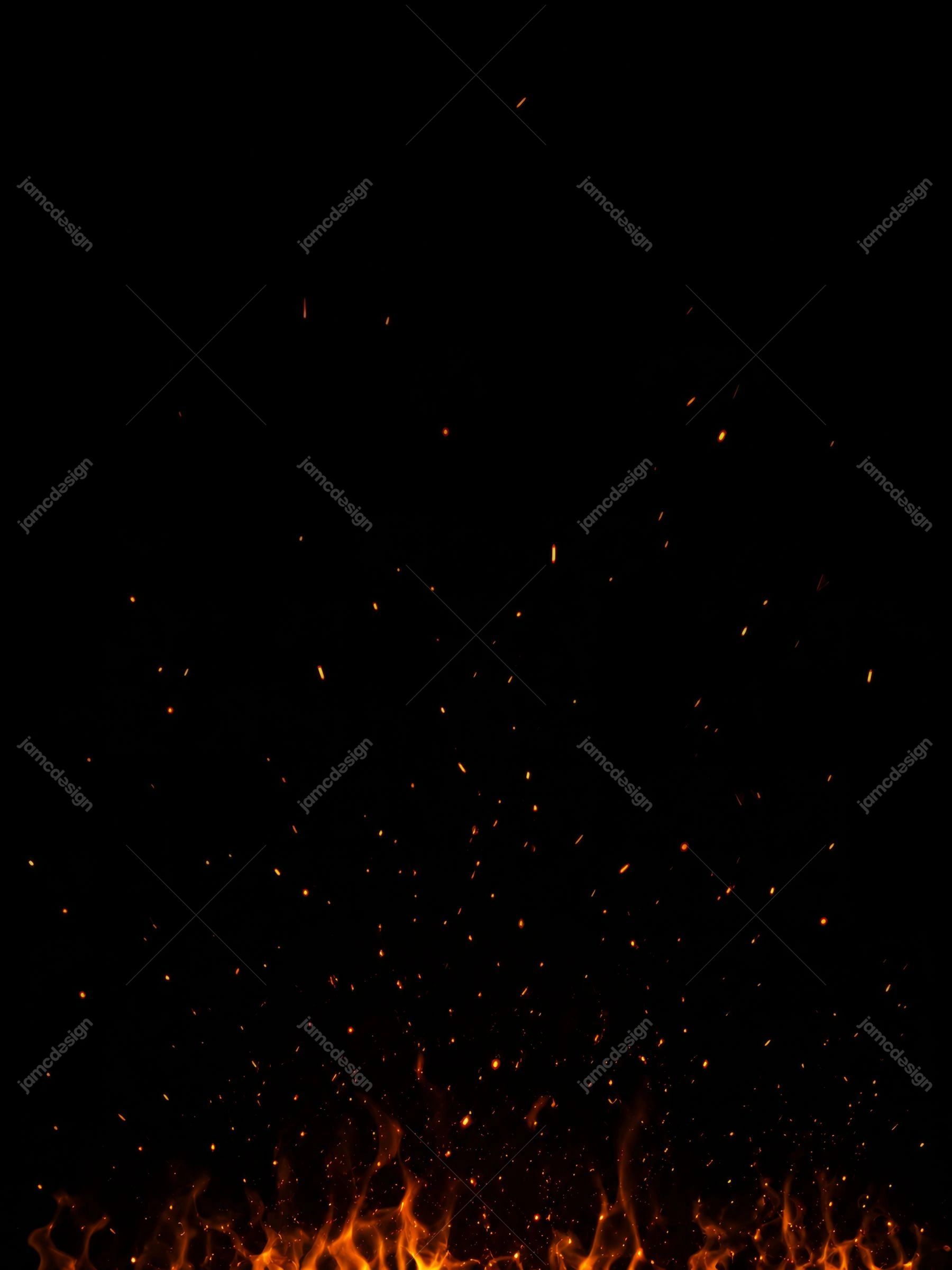 Orange Spark Shower On Black Flame Glow Background Texture. JPG texture showing a concentrated shower of glowing orange sparks rising above small flames