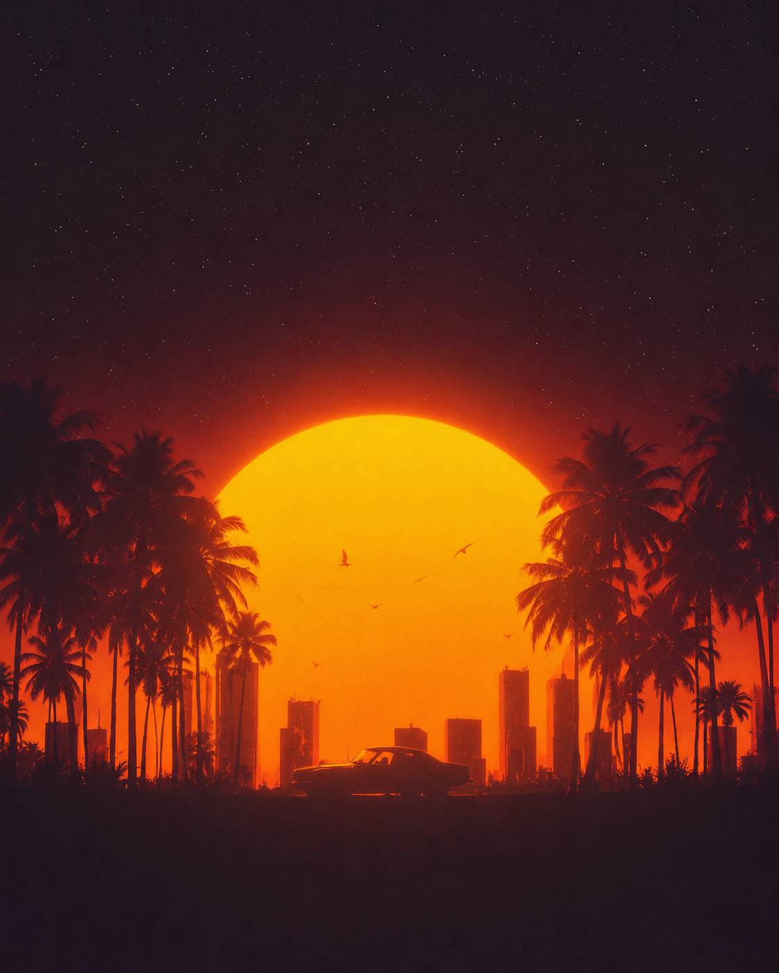 Retro Futuristic City Skyline Sunset with Palm Trees Background