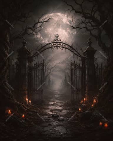 Gothic Cemetery Gate Full Moon Halloween Background: Moonlit Gothic Gate
