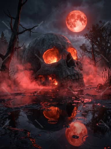 Giant Skull Swamp Halloween Red Moon Background JPG