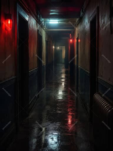Abandoned Hotel Corridor Red Light Horror Background JPG
