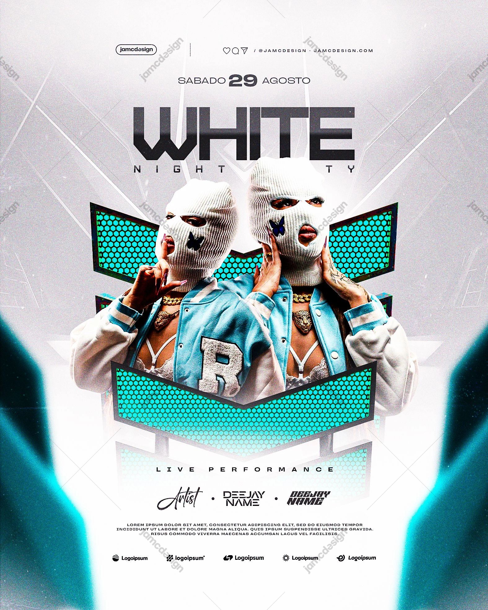 White Night Party Design Flyer Template PSD Editable