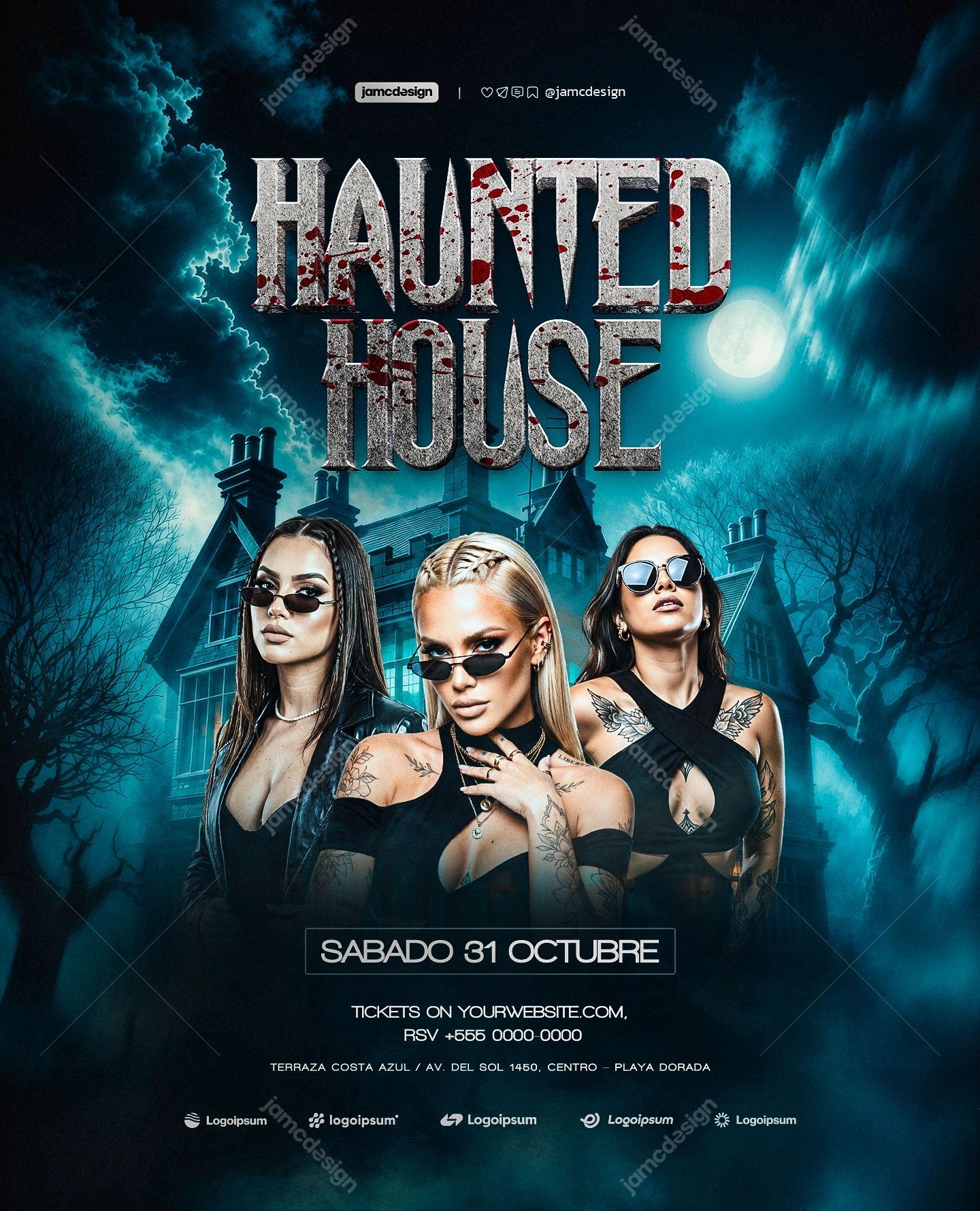 Plantilla de Flyer de Halloween House Encantada con Mujeres y Luna Azul PSD. Plantilla PSD editable para un flyer de evento de Halloween con tres mujeres