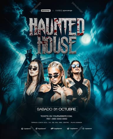 Modelo de Flyer Halloween com Mulheres e Lua Azul na House Assombrada PSD