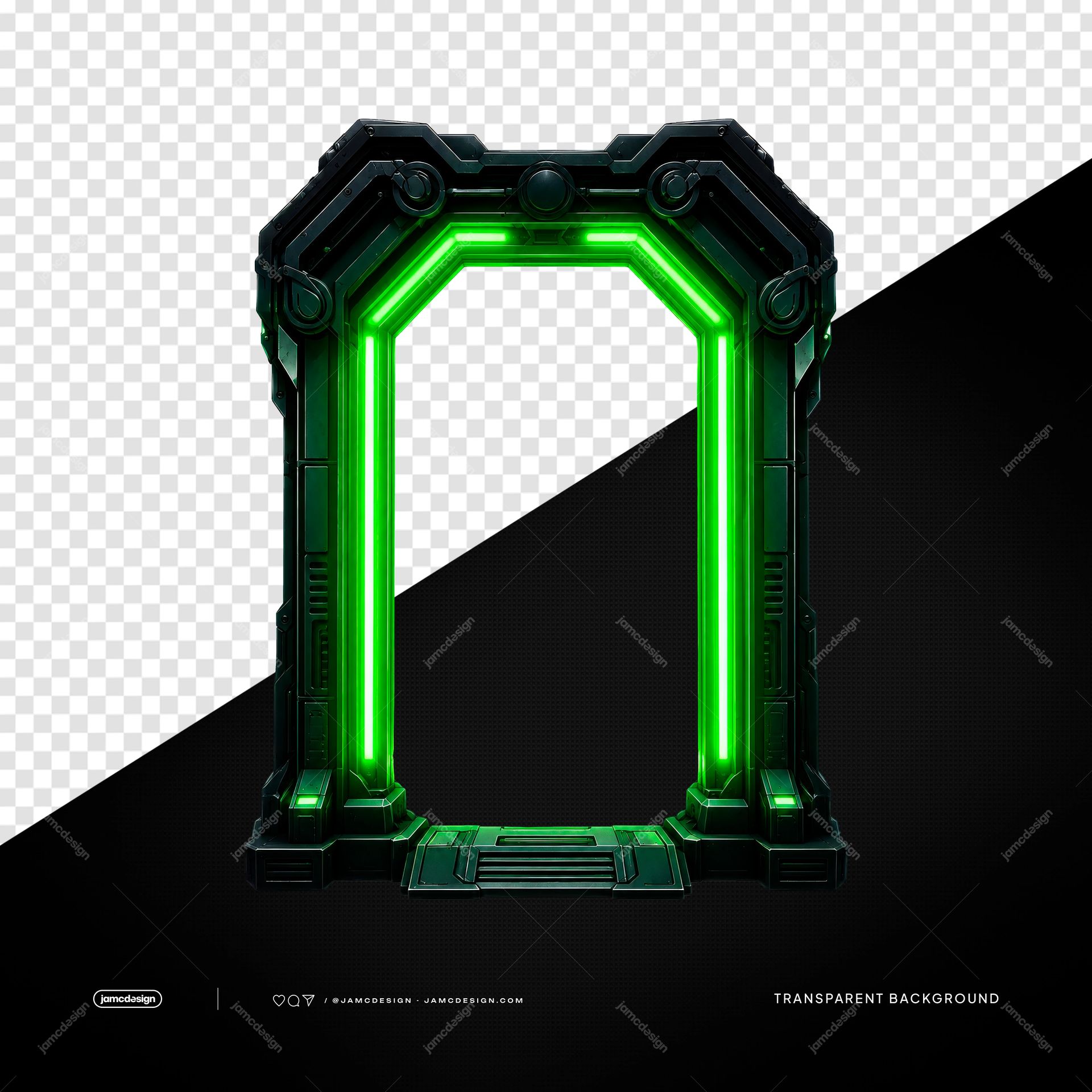 Futuristic Green Neon Arch Portal Frame PNG Transparent. A transparent PNG object featuring a futuristic metallic arch portal with bright green neon strips