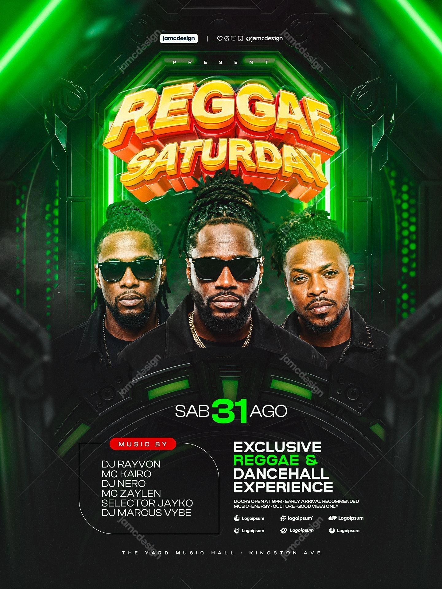 Reggae Saturday Green Neon Men Flyer PSD. Editable PSD event flyer for a reggae Saturday night party