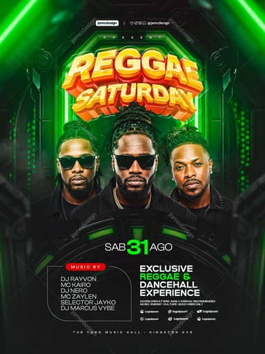 Reggae Saturday Green Neon Men Flyer PSD