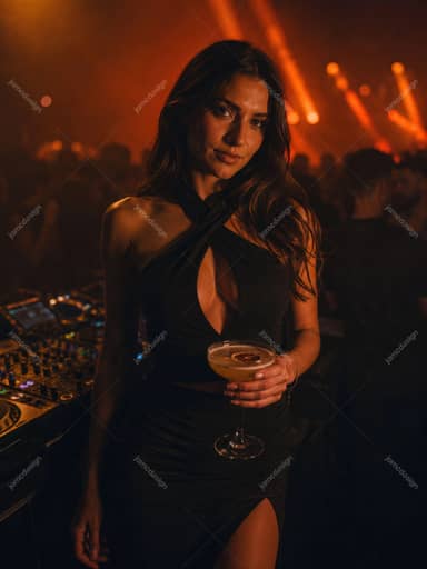 Glamorous Woman With Cocktail Near DJ Booth Orange Lit Woman JPG