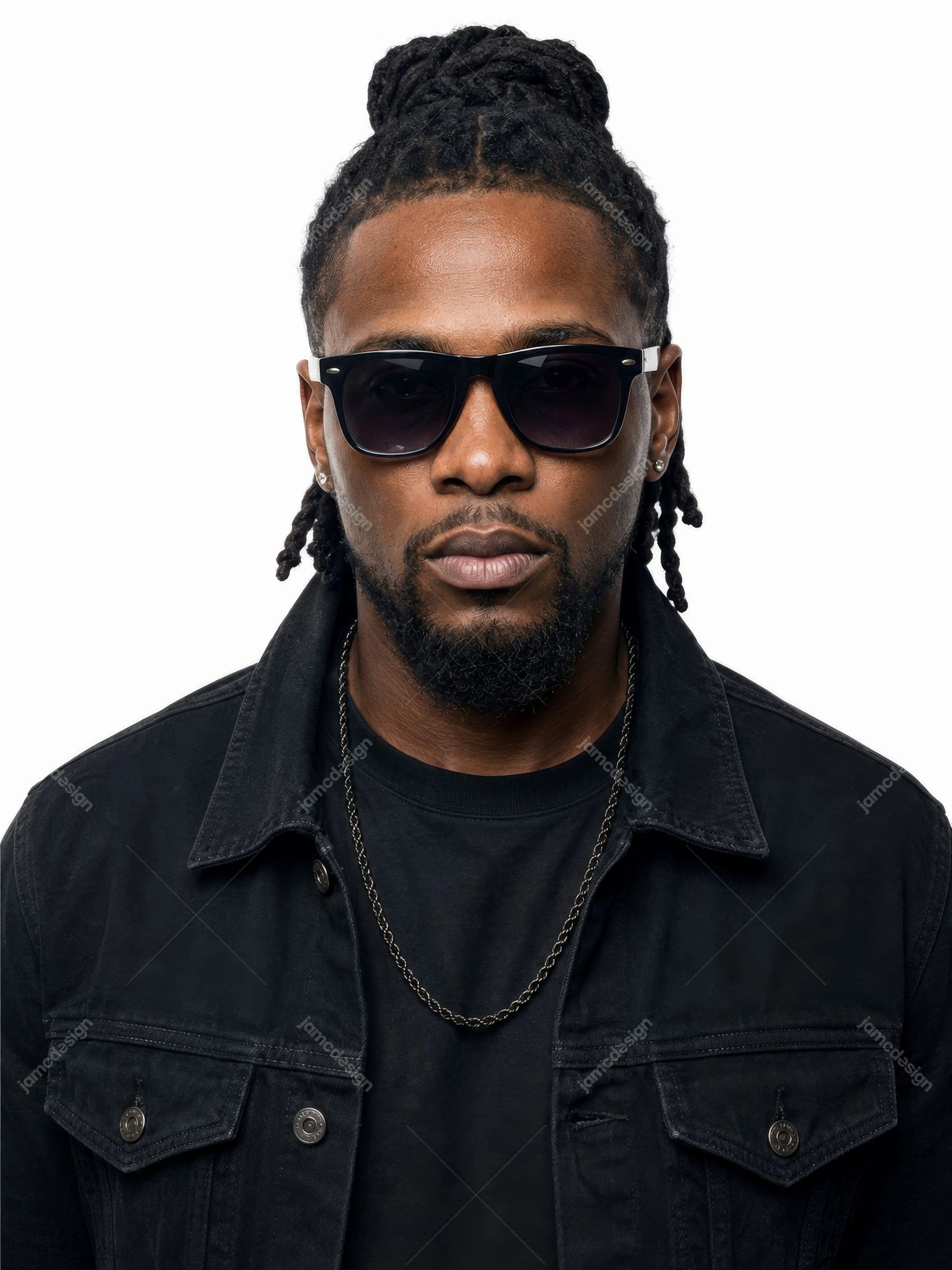 Black Streetwear Male Artist With Sunglasses Studio Portrait. JPG photo of a man wearing dark streetwear, sunglasses and a chain