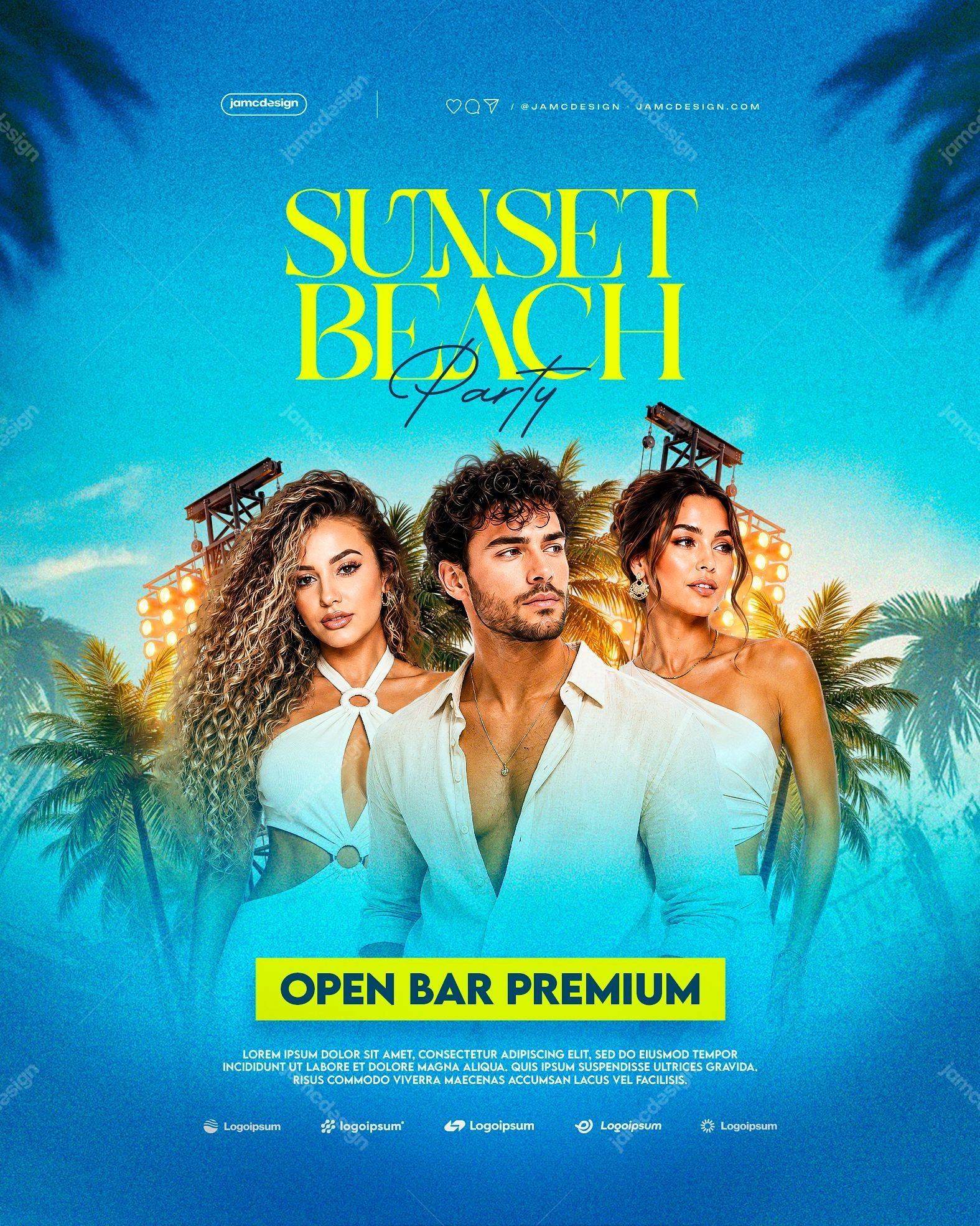 Sunset Beach Party Design Flyer Template PSD Editable. Editable PSD template for a beach party flyer, featuring a blue sky gradient background
