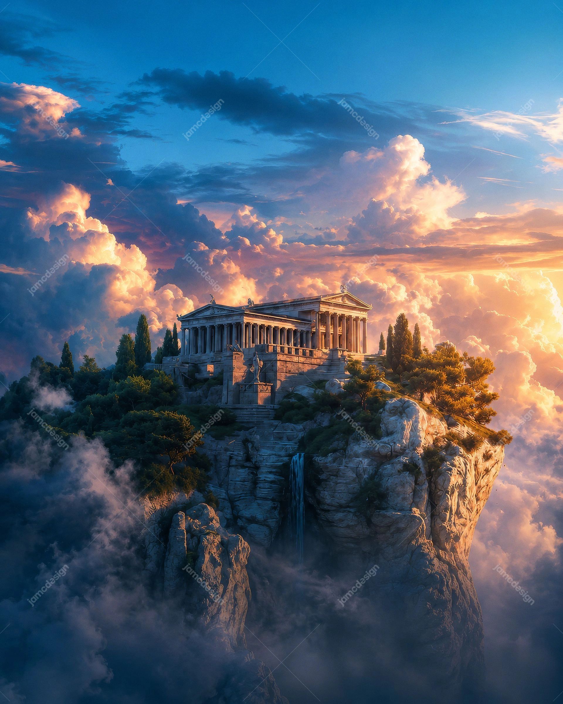 Ancient Temple Above the Clouds Fantasy Sky Background