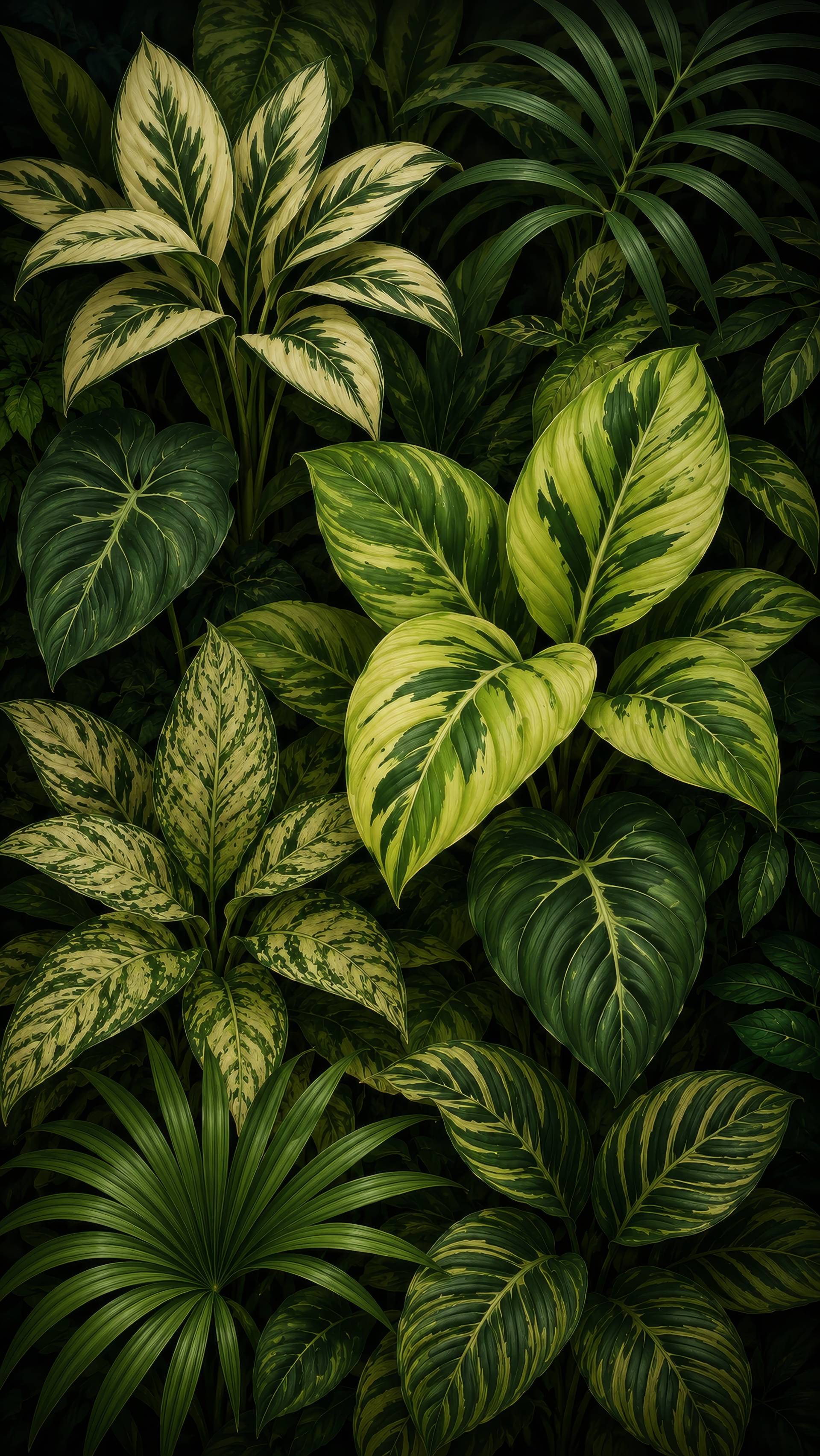 Variegated Cream Green Tropical Leaves Background