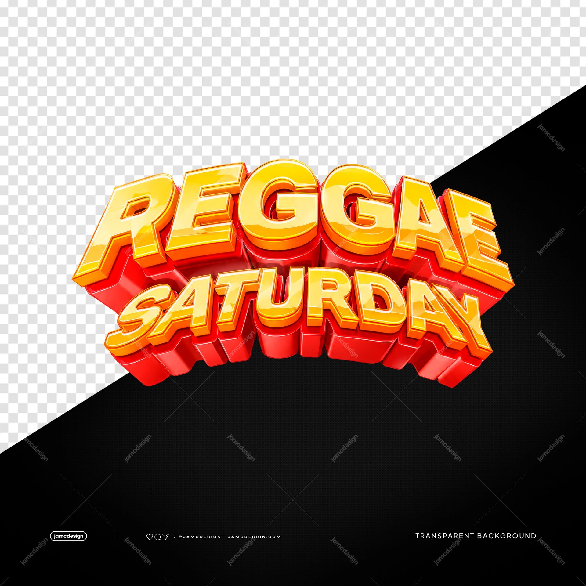 Reggae Saturday 3D Text Glossy Gold Lettering Element PNG Transparent. This PNG transparent object features bold 3D lettering with glossy gold faces