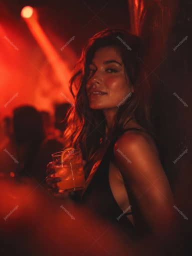 Woman Holding Cocktail In Red Neon Nightclub Crimson Club Portrait JPG