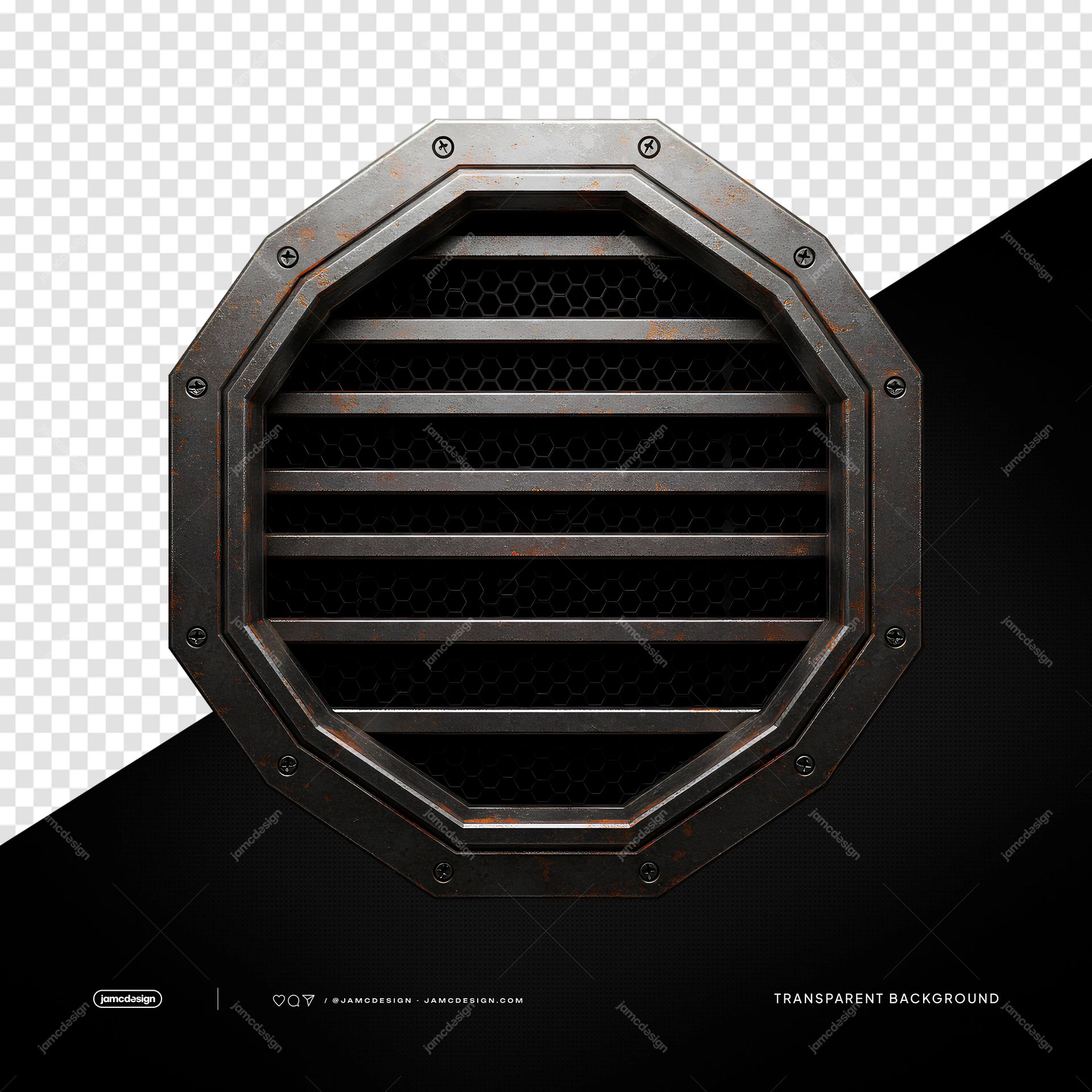 Rusty Octagonal Metal Grille PNG Transparent. Rusty octagonal metal grille supplied as a transparent object PNG, featuring a heavy geometric frame