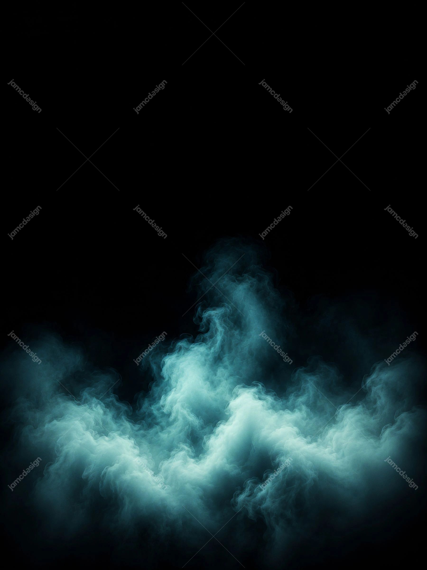 Massa de Fumaça Turquesa em Fundo Escuro Vertical com Névoa Luminosa. Textura de sobreposição em JPG com uma nuvem de fumaça turquesa ondulante sobre um fundo