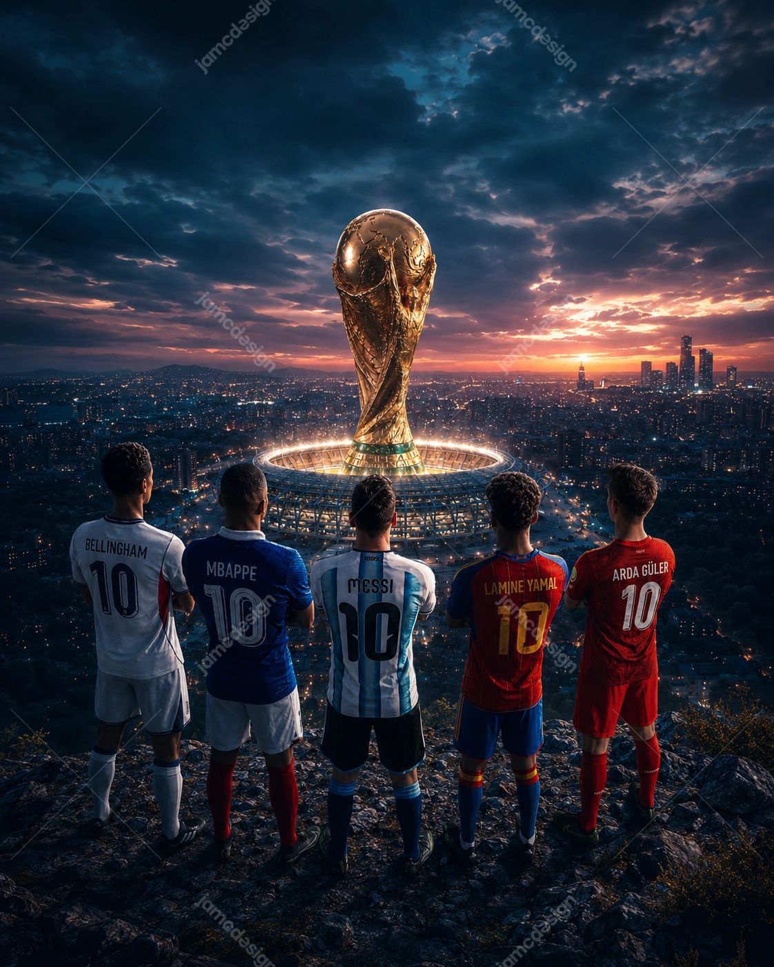 World Cup 2026 Football Legends Trophy City Background. PNG background showing five footballers viewed from behind on a rocky hilltop wearing jerseys