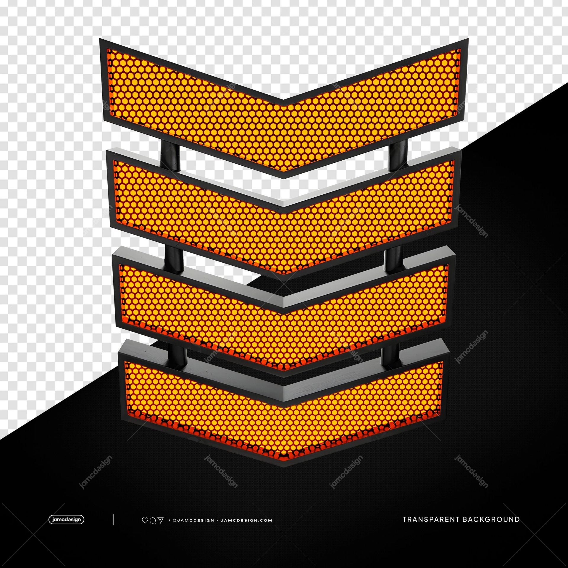 3D Stage Light Honeycomb Grid PNG Transparent Background. Editable PSD decorative element featuring four stacked 3D stage light fixtures in a downward chevron