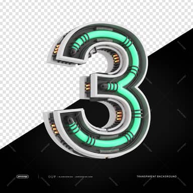 Número 3 3D Futurista Industrial Neon PNG Fundo Transparente